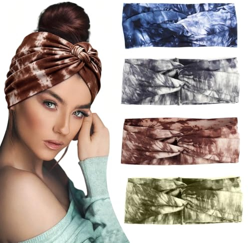 CHUANFU 4 stycken pannband för kvinnor, elastiskt sporthårband, boho turbaner för kvinnor, vintage blomma, tryckt, halkfri bandana, för yoga och löpning (B)