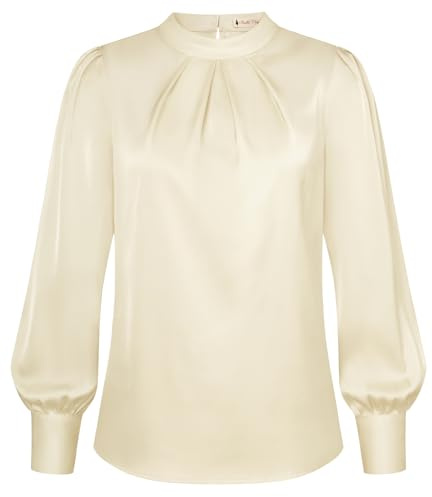 Belle Poque Damen Lange Ärmel Rundhalsausschnitt Satin Seide Blusen für Büro Arbeit Elegante Hemden