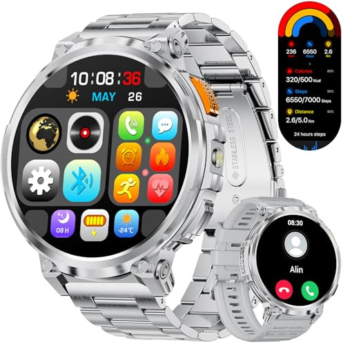 LIGE Smartwatch Herren 730mAh Akku, 1,85 HD Display Bluetooth Telefonfunktion Smart Watch mit Taschenlampe, 120+ Sportmodi Fitnessuhr, SpO2/Herzfrequenz/Blutdruckmessung für Android iOS Silber