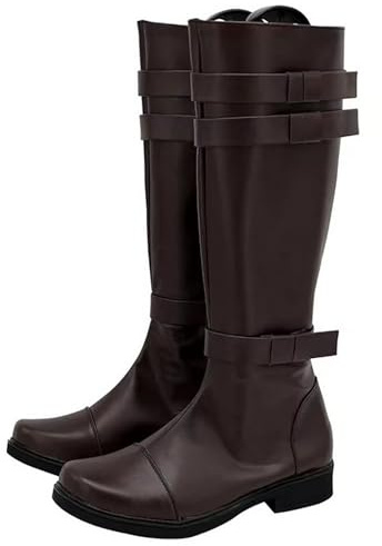 Stivali alti da cosplay per uomo con cinturini decorativi, scarpe da costume in pelle sintetica fino al ginocchio per uomo, calzature per spettacoli con cerniera laterale, stivali da personaggio