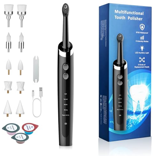 Tooth Polisher with LED Light, Rechargeable Teeth Polisher for Teeth Whitening Cleaning Kit with 10 Replacement Heads, 5 Intensity Modes, 3 Polishing Paste, IPX6 Waterproof Teeth Polishing Kit (Black)