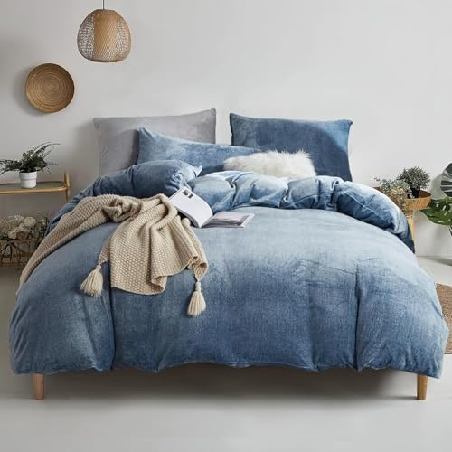 YASMENG Housse de Couette Flanelle 220x240 Hiver Chaude Bleu Velours Laitier Parure de Lit Polaire Doux Douillet Duveteux Linge de Lit 2 Personne avec Fermeture Éclair et Taies d'oreiller 65x65 cm