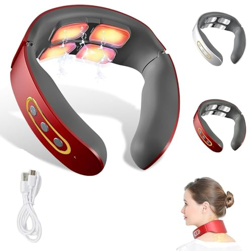 Neurotex Nackenmassagegerät Kabellos, Nurotex 11-In-1 NackenlöSung, 6 Modi & 9 Intensitäten, 42°c Wärmetherapie, Elektrische Lmpulse Gegen Schmerzen & Verspannungen, Tragbar & Wiederaufladbar (Rot)