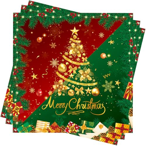 Servietten Weihnachten, 80 Stück Rot Grün Gold Weihnachtsservietten Fröhliche Weihnachten Party Servietten Xmas Tischdeko