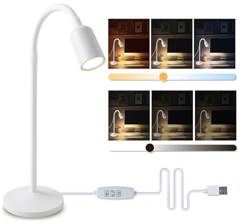 LED Schreibtischlampe Dimmbar USB – Flexible Leselampe mit 3 Farbmodi & Memory-Funktion, Augenschonende Tischlampe Klein mit Schwanenhals für Home Office, Schlafzimmer, Kinder, Nachttisch, Weiß