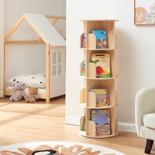 [en.casa] Drehbares Bücherregal für Kinder Chasek Spielzeugregal mit 4 Ebenen Drehregal Kiefernholz Aufbewahrungsregal 125 x 44 cm Holzregal Natur