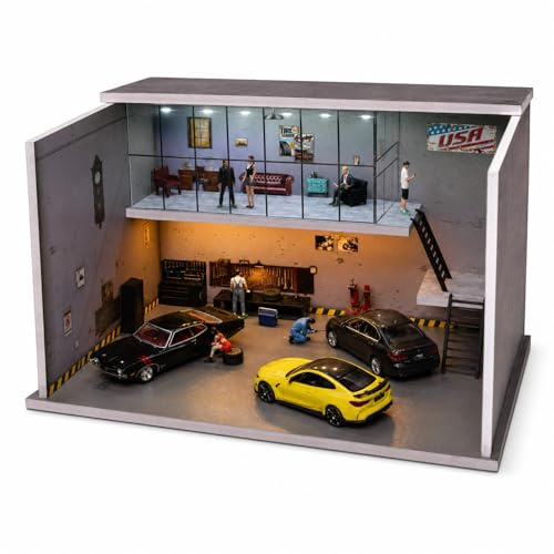 Diorama 1/64 American Garage Model, Tri-Color LED Lighting 2 Tier Parking Lot Scene Display Case, Workshop Building Model Garage, Diecast Cars 2-Story Display Storage(American Workshop)