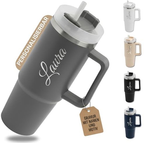 SMARTEON Thermobecher personalisiert mit Namen – Edelstahl Trinkbecher mit Gravur 900ml – Thermosflasche personalisiert – Personalisierter Kaffeebecher mit Strohhalm und Deckel (Grau)