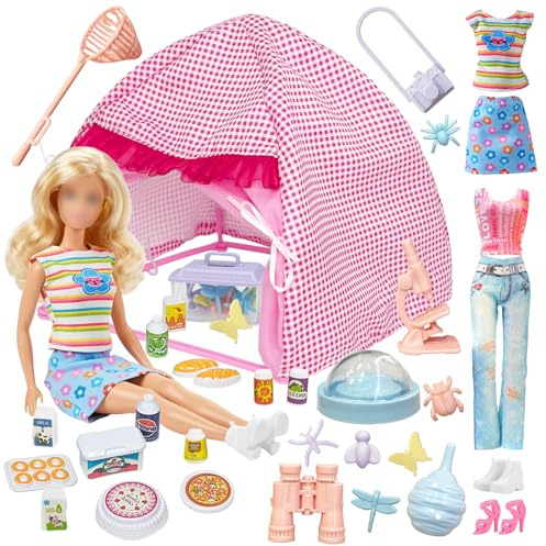35 Stück Puppenkleidung, Reise-Campingzelt, kompatibel mit Barbie, 1 Zelt, 4 Kleidung, 12 Picknick-Lebensmittel-Spielzeug-Set, 15 Outdoor-Zubehör, 2 Schuhe für 29,8 cm Puppe, Mädchen, Geschenk