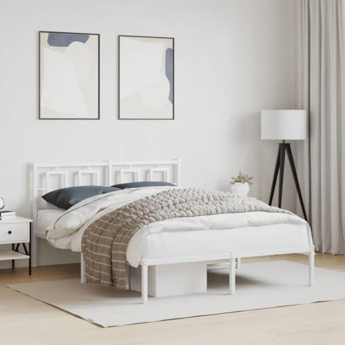 QJBSAVVA Bettgestell Weiß 135x190 cm aus Stahl mit Kopfteil, modernes Doppelbett für Jugendzimmer, Schlafzimmer oder Gästezimmer, 196 x 142 x 91 cm