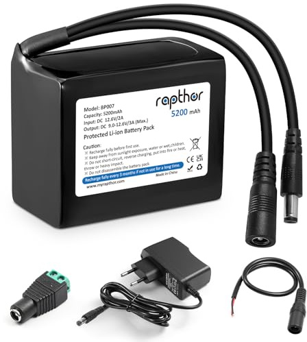 Rapthor Wiederaufladbarer 12V 5200mAh Lithium-Ionen-Akku mit 12,6V 2A Schnellladegerät und DC5521-Anschluss für 12V-Geräte, DIY-Projekte, Router, Radios, LED-Lichtleisten, Überwachungskameras, Telesko