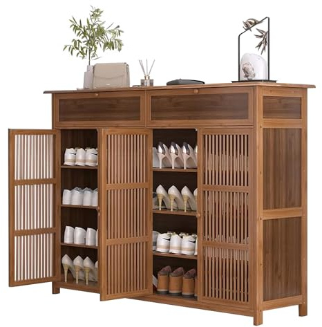 Scarpiera sottile in rattan, credenza alta a 4 ante, con persiane e 2 cassetti pieghevoli, armadio da corridoio per risparmiare spazio, soluzione elegante e funzionale