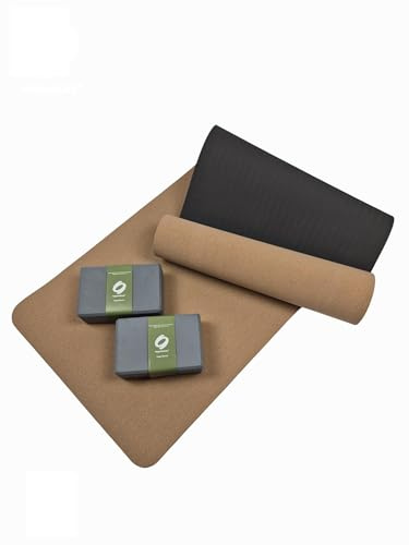 Mymotus® Yoga Set – Yogamatte aus Naturkork mit 2 Yoga Blöcken – Rutschfestes Yoga Zubehör für Pilates, Fitness, Meditation und Home Workout inkl. Tragegurt – schadstofffrei