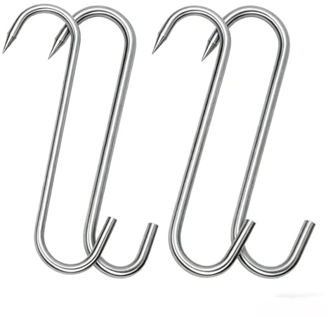 7 Inch Meat Hooks 4 PCS, Stainless Steel Butcher Hooks (0.236 Thick) - S-Shaped for Hanging Bacon, Smoking, Grilling, BBQ & Kitchen Use