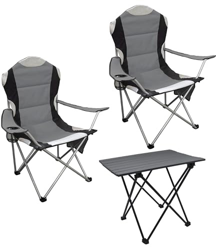 Spetebo Camping sittgrupp 3 delar med aluminium fällbord och bärväska – antracit – trädgårdsbordsgrupp med 2 campingstolar upp till 150 kg – utomhussportfiskare, sitsuppsättning bord stol vikbar
