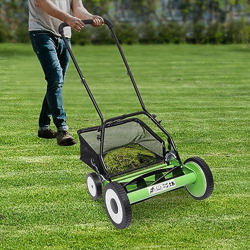 Handgräsklippare 16 tum, tyst handgräsklippare med 5 knivar, spindelgräsklippare för upp till 500 m² | 9 justerbara höjder | 34–64 mm korg korgbredd | handgräsklippare för parker, trädgårdar