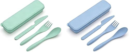 2 Sets Reusable Portable Cutlery Set with Case - Travel Fork Knife Spoon, Compact & Lightweight; Reusable Plastic Cutlery, for Work School Picnic Camping or Daily Use (Blue and Green)