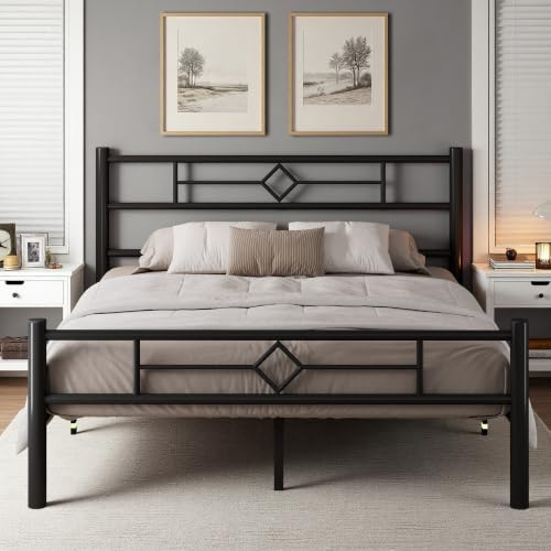 FEONASE Lit en métal 140 x 200 cm, lit 140 x 200 cm avec tête de lit et Pied de lit, Cadre de lit en métal Massif, Commode sous Le lit, Montage Facile, Noir