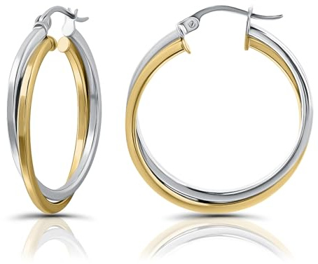 Hoops & Loops 925 Sterling Silver Intertwined Round Hoop Earrings for Women, Two-Tone Layered Trendy Double Square-Tube Hypoallergenic Click-Top Hoops, 35mm - Two-Tone Silver & Gold