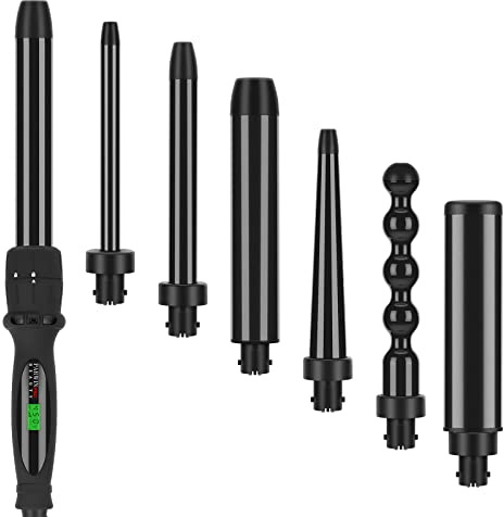 PARWIN PRO BEAUTY 7 in 1 Curling Iron Wand Set,Dual Voltage Curling Wand with 7 Interchangeable Diamond Ceramic Hair Curler Wands with LCD Temperature Control Auto Shut Off Black