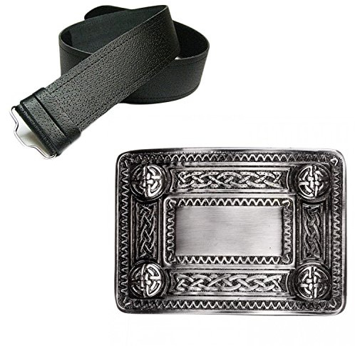 Nuevo Cuero Hombre Grano Fino Cinturón Kilt & Antiguo Nudo Celta Hebilla - Elegir Tamaño - Negro, Large (36-46 In)