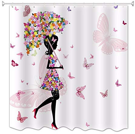 A.Monamour Paraguas Floral Rosa Chica De Mariposa con Vestidos Florales Fondos Blancos Impresión Impermeable Cortina De Ducha De Tela Moldeada para Niños Decoraciones De Baño 165X180 CM / 65 X 72