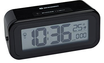 Bresser DCF Funkwecker MyTime Amber mit bernsteinfarbener, einstellbarer Hintergrundbeleuchtung mit Batteriebetrieb, Alarm und Temperaturanzeige, schwarz