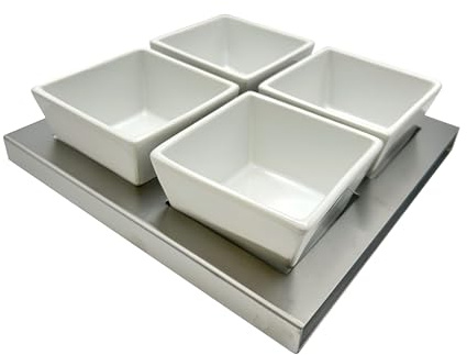 Chef-hub Indian Restaurant Square Style 4 Bowl Relish Server for Chutneys & Dips - Sauce Dish