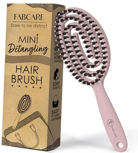FABCARE Mini cepillo para cabello con cerdas de jabalí, desenredante en espiral de doble resorte, herramienta profesional para peinar y cuidar, diseño compacto y portátil, ideal para uso diario (Rosa)