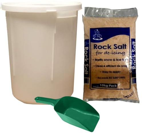 KetoPlastics 25L White GRIT BIN with 10KG Brown Rock GRIT Salt ICE Snow & Scoop Shovel