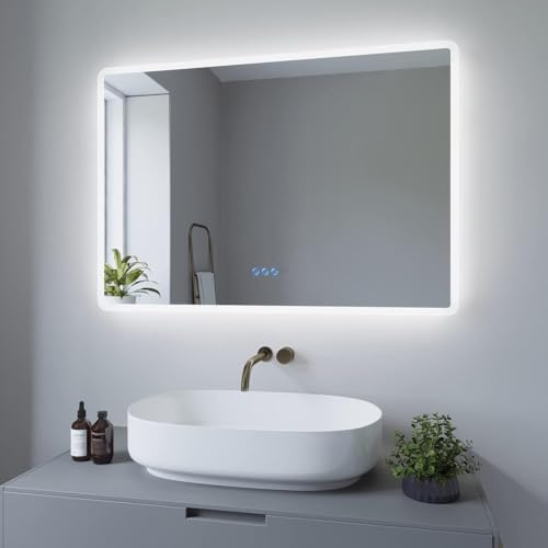 AQUABATOS Badspiegel mit Beleuchtung 100x70 cm LED Badezimmerspiegel mit Licht beleuchtet Antibeschlag Lichtspiegel Badezimmer Beschlagfrei Touch-Schalter 3 Lichtfarben Dimmbar für wandschalter
