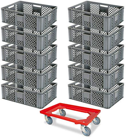 Lot de 10 bacs Euro - L x l x h : 600 x 400 x 240 mm - Qualité alimentaire - Gris - Avec un rouleau de transport - Rouge