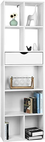 EUGAD Bücherregal mit Schublade, Standregal Weiß, freistehendes Aufbewahrungsregal, Büroregal, Raumteiler für Wohnzimmer Schlafzimmer, Weiß, 50x168x24cm 0013SHG