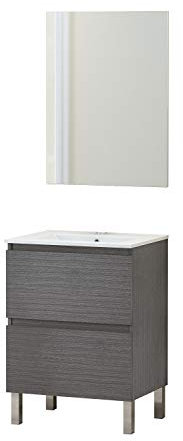 Baikal Conjunto Mueble de Baño con Lavabo y Espejo, con Patas, en Varios Acabados, Melamina 16. Puerta + Cajón 60 cm Ceniza