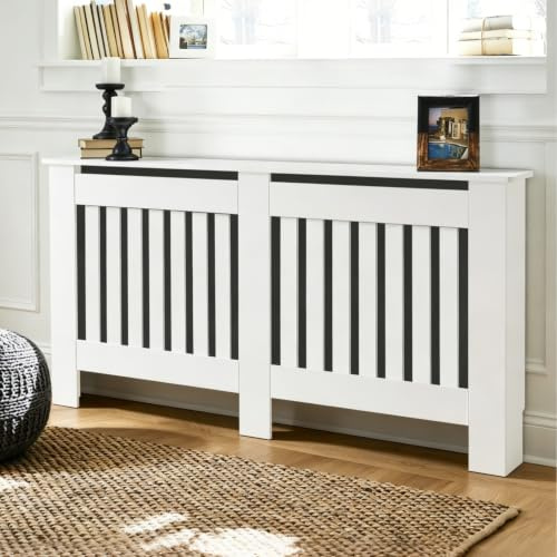LEMROE Radiator Cover W152cm MDF Horizontal Slat Decorative Heater Shelf Cabinet White Painted for Bedroom Kitchen Living Room Hallway