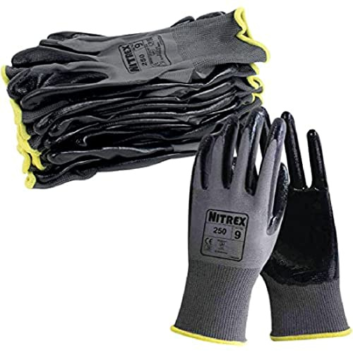 Nitrex 250 guantes de trabajo y seguridad, bolsa de 10 pares, talla 8, guantes de manejo general con revestimiento de palma de nitrilo, gris/negro