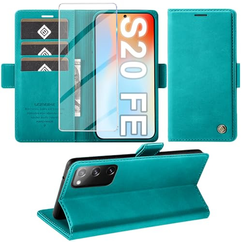 Giyer Handyhülle für Samsung Galaxy S20 FE Hülle mit Schutzfolie, Standfunktion Kartenfach Wallet Premium Leder Schutzhülle S20 FE 4G/5G Flip Case Cover Stoßfeste Klapphülle (Cyan)