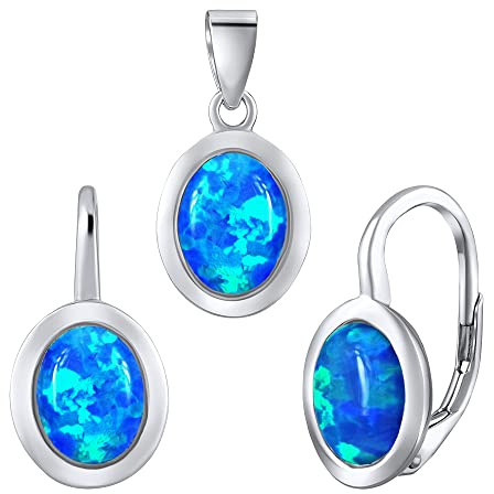 SILVEGO Damen Schmuck-Set aus 925 Sterling Silber Oval mit synthetischem blauem Opal Ohrringe und Anhänger