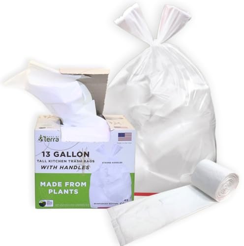 USDA Certified - Plant Based Kitchen Trash Bags with HANDLES, 13 Gallon Standard Size - 45 Bags