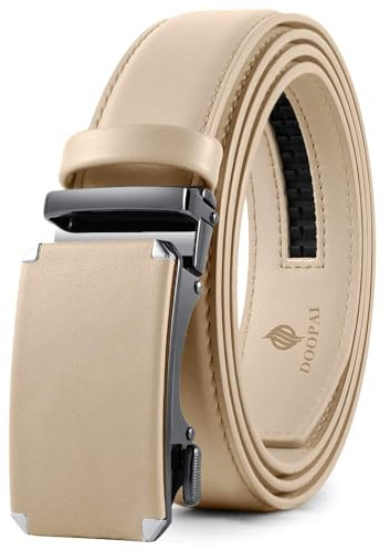 DOOPAI Gürtel Herren aus Echtleder, Automatik Ratschengürtel 3,5 cm Breit mit Geschenkbox Beige 135cm/40-48 Taille verstellbar