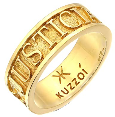 Kuzzoi Herrenring Bandring massiv (8 mm) in 925 Sterling Silber vergoldet, Goldener Silber Ring mit Schriftzug JUSTICIA VERITAS, Ring für Männer, Ringgröße 66
