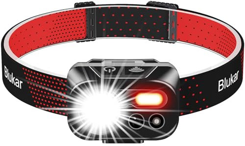 Blukar Head Torch Rechargeable, 2000L Super Bright LED Headlamp Headlight with Sensor Control & 7 Light Modes, IPX5 Waterproof, Hands-Free 30 Hrs Runtime for Cycling Power Cuts, Emergency etc, Red