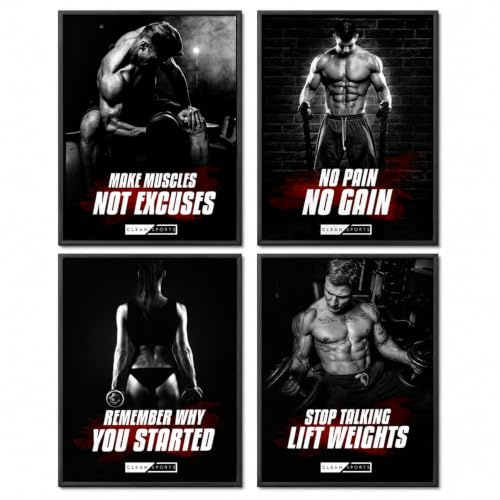 CLEAN SPORTS® Fitnessposter - Gym Bilder 4er Set Motivation für Bodybilder im Din A2 Format - Trainingsposter für Fitnessstudios und Homegym - ohne Rahmen ideale Deko für deinen Trainingsraum