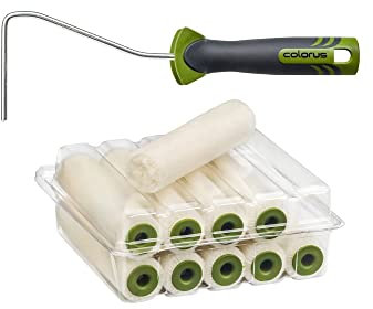 Colorus 10 x Lackierwalze Velours lösemittelbeständig 10 cm 4 mm Flor | 10 x Lackierrollen inkl. 2K Farbrollerbügel | Heizkörperroller, Lackwalze | 2K Bügel