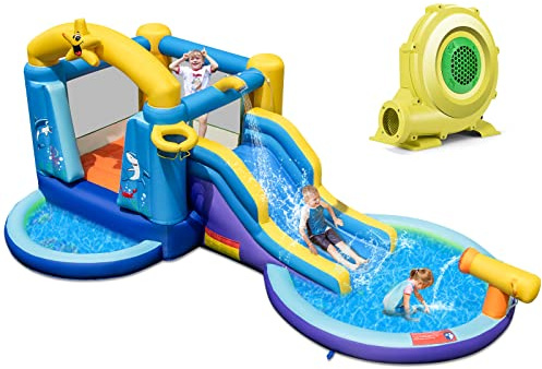 COSTWAY Castillo Hinchable Acuatico con Tobogán, Castillo Hinchable Grande con Soplador para Niños de 3-10 años, 490 x 290 x 220cm, Saco y Agua, Insuflavel Crianças Interior y Exterior