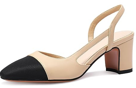 Miraazzurra Slingback-pumps för damer, med täckt rund tå, blockklack, tvåfärgade, lediga, tjocka klackar, kontorsskor, naken, 36 EU