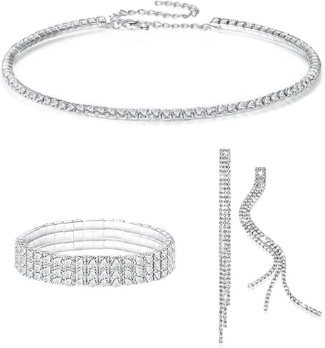 FDEETY 3 Pièces Ensemble Bijoux Cristal Brillant Collier Bracelet Boucles D'oreilles Strass Élégant Accessoires Femme Luxueux Parure Mariage Soirée