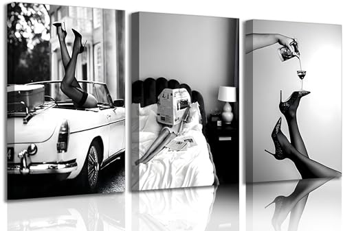 Set mit 3 gerahmten stilvollen Frauen, die Zeitung vor dem Schlafengehen lesen, High Heels, Vintage-Auto-Poster, feministische schwarz-weiße Vintage-Leinwanddrucke, Bilder, Heimdekoration, Barwagen