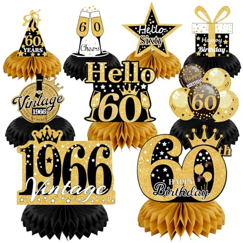 Tischdeko 60 Geburtstag Mann，1966 60.ter Geburtstag Deko, Schwarz Gold | 9 STK Papier Bienenwabe Mittelstück 60er Geburtstagsparty Zubehör，Vintage 60 Happy Birthday Party Deko für Frauen und Männer