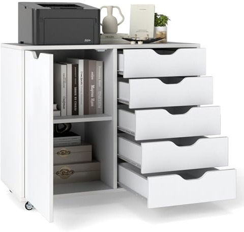 GIANTEX Rollcontainer mit 5 Schubladen und Schrank | Mobiler Aktenschrank aus Holz, Druckertisch für Zuhause und Büro, mit Rollen, 78 x 40 x 65 cm, Weiß